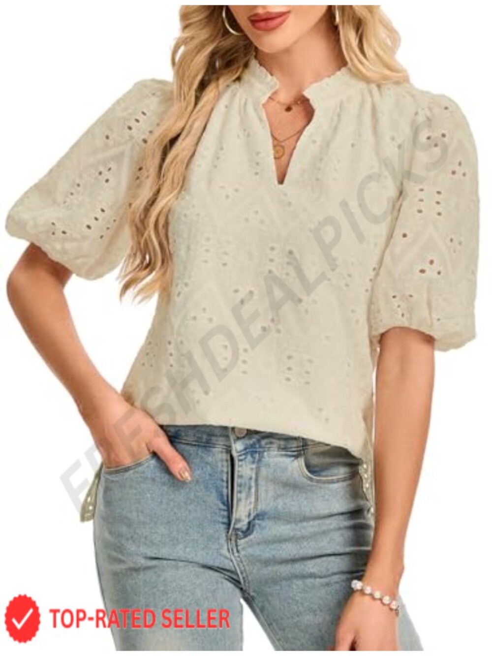 Women's V Neck Puff Short Sleeve Blouse Dressy Casual Summer Top